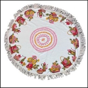 Mid Century Tablecloth ROUND Fringe Tea Pot Kitchen Boho Cottagecore Vintage